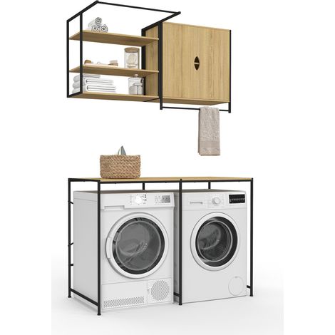 Idmarket – Ensemble de rangement pour buanderie – Plan de travail 130x60cm – Armoire 2 portes et étagère 3 niveaux – Bois et métal noir (1/5)