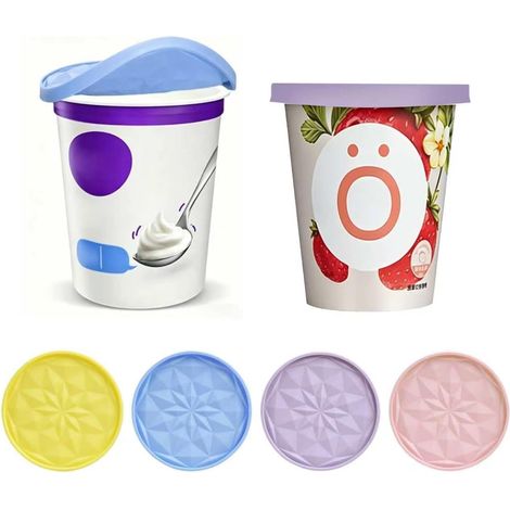 Lot de 4 Couvercles Réutilisables en Silicone pour yaourt 500g, Sert de Couvercle et Dessous de Verre, Compatible Lave-Vaisselle, Résistant À La Chaleur Jusqu'À 110 °C (Rose, Bleu, Violet, Jaune) (1/5)