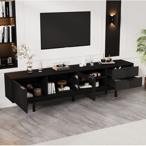 Meuble TV 200 x 40 x 50,5 cm avec 2 portes et 2 tiroirs, verre trempé, noir HAVRYA (1/5)