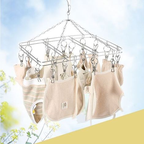 Étendoir à linge suspendu et pliable en acier inoxydable, forme rectangulaire, épaisseur 2,1 mm, avec 20 pinces pour chaussettes, bas et petits vêtements de bébé, couleur argent. (1/5)