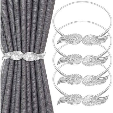 (Argent)Lot de 4 Embrasses de Rideaux Simples. Attache Rideau Réglable avec Corde à Ressort en Métal pour Maison Chambre Salon
