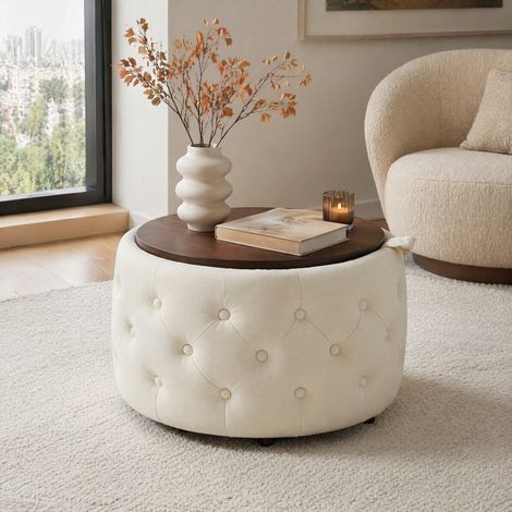 Lote de 2 pufs redondos anidados de terciopelo con almacenaje y bandeja de madera, beige (1/5)