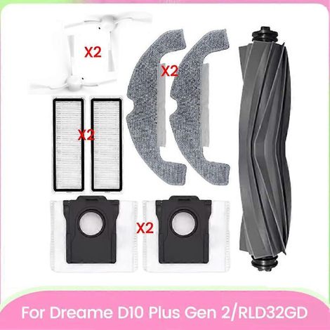 Accessoires pour aspirateur Dreame D10 Plus Gen 2/RLD32GD : brosse principale, brosse latérale, filtre, sac à poussière et chiffon de nettoyage (qualité). (1/5)