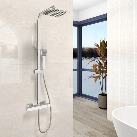 AICA Columna de Ducha Termostática en Cromo, Alcachofa de Baño Cuadrada con Manguera, Barra Ajustable 80-120cm, Ducha Lluvia (1/5)