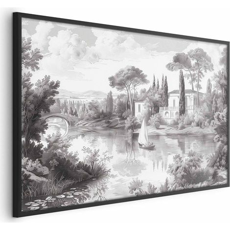 Póster - Paisaje vintage en blanco y negro con un estanque (1/4)