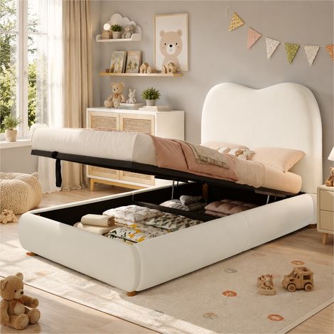 Modernluxe - Lit enfant coffre 90 x 200 cm - Avec tête de lit capitonnée - Rangement sous le lit - Velours - Beige (matelas non inclus) (1/5)