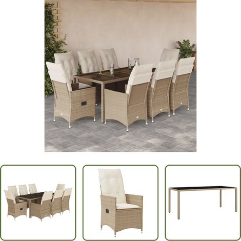 Gartentisch - 9-tlg. Garten-Essgruppe mit Kissen Beige Poly Rattan (1/5)