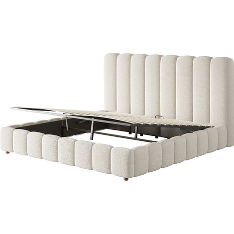 Cama baúl doble 160 x 200 cm hidráulica con somier y cabecero bouclé blanco HOMVRA (1/5)