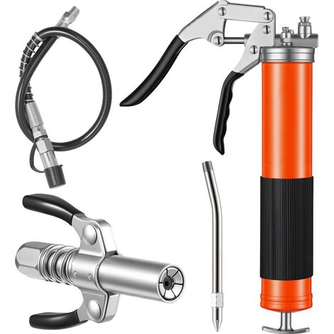 Pistolet graisseur 8000 PSI, kit avec réservoir 0,4 L, flexible 46 cm, coupleur double poignée, tube rigide et buse pointue pour auto et marine. (1/5)