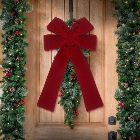Grand nœud de Noël en velours rouge bordeaux, 54 cm, nœud décoratif pour cadeaux, décoration de Noël pour sapin, cheminée, porte d'entrée, fenêtre et couronne de Noël (1/5)