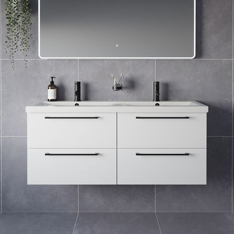 Napoli 390 Gloss White 1200mm Wall Mounted 4 Drawer Vanity Unit with Double Glide Basins - 1200mm - Matt Black 320mm Handle