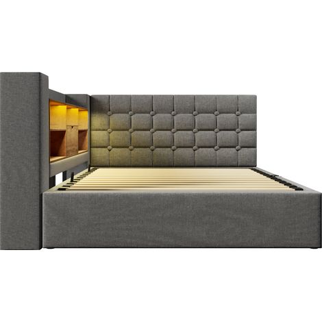 Lit coffre 140x190 cm gris avec LED tête de lit en L réversible et sommier HOMVRA (1/5)