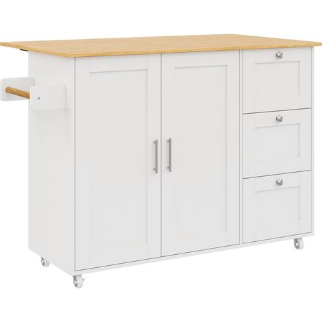 Îlot de cuisine mobile en chêne avec table pliante, 3 tiroirs et porte-serviettes, L135 x P44(70) x H90 cm (1/5)