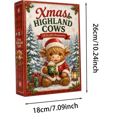 Calendrier de l'Avent 2026 sur le thème des vaches des Highlands écossaises : 24 décorations suspendues en acrylique 2D, ornées de motifs de vaches des Highlands, pour une ambiance féérique pendant le (1/5)