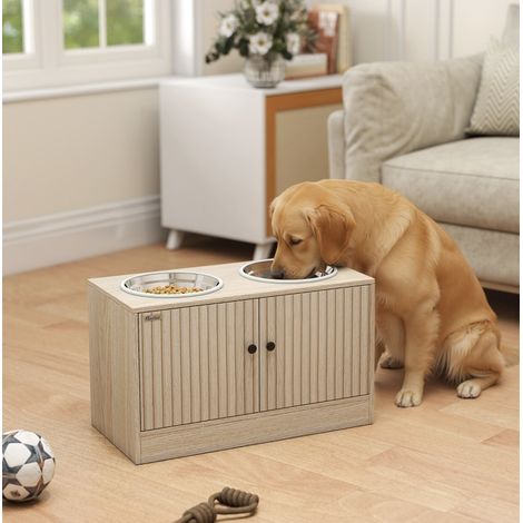 Stazione rialzata per cani grandi con 2 ciotole in acciaio inox e vano portaoggetti 60x30x35,5 cm (1/5)