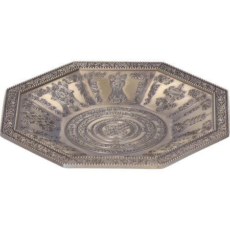 Cyanfarbene, achteckige Opferplatte für buddhistische Rituale, Symbol der 8 Auspizien, Kultgegenstand für Feueropfer. (1/5)