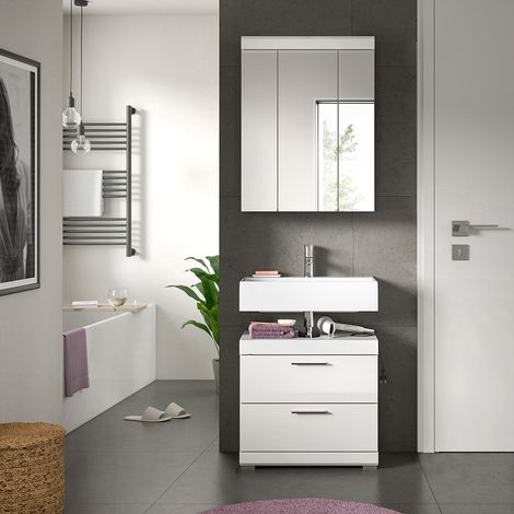 Badezimmer-Set 2-teilig in weiß mit weiß Hochglanz, mit Spiegelschrank - SIROCO-158 (1/5)