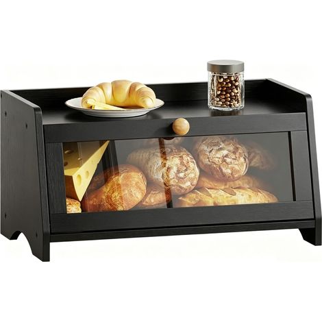 Boîte à pain pour comptoir de cuisine, boîte à pain en bambou pour pain fait maison, boîte de rangement en bois de ferme, petite boîte à pain pour comptoir, armoire, garde-manger, noir (1/5)