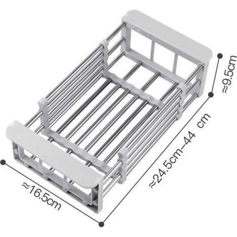 Scolapiatti estensibile, ripiano portaoggetti per lavello da cucina, antiruggine, può contenere spugne, panni, spazzole e detersivo per piatti, grigio. (1/3)