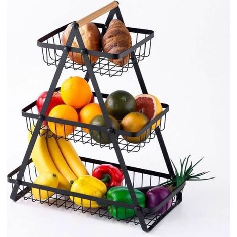 Corbeille a fruit Porte-fruits en Métal 3 Niveaux Panier de Fruits et Legumes Détachable Rangement Cuisine Maison Bureau-Noir (1/4)