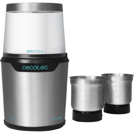 Macina caffè e spezie elettrico con lame rivestite in titanio e due recipienti intercambiabili.