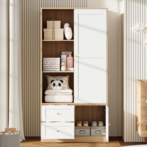 Armoire avec Porte Coulissante, Tringle, Tiroirs et Compartiments, pour Chambre, en MDF, Naturel et Blanc, 90 x 50 x 180 cm (1/5)