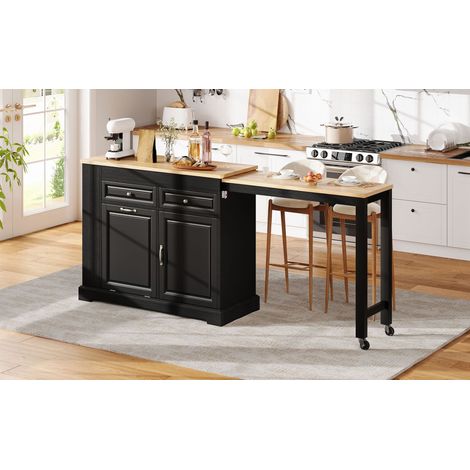 Îlot de cuisine noir sur roulettes en MDF avec plateau extensible, compartiment poubelle et tiroirs pour cuisine et salle à manger (1/5)