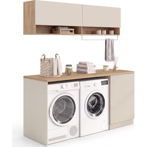 Meuble de buanderie machine à laver et sèche-linge TOMI avec plan de travail L. 180 cm et placards beige et bois