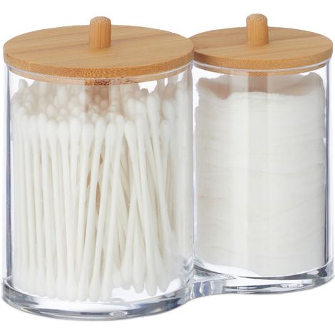 Relaxdays Rangement disques de coton et coton-tiges, plastique, couvercles en bambou, organiseur, transparent & nature (1/5)