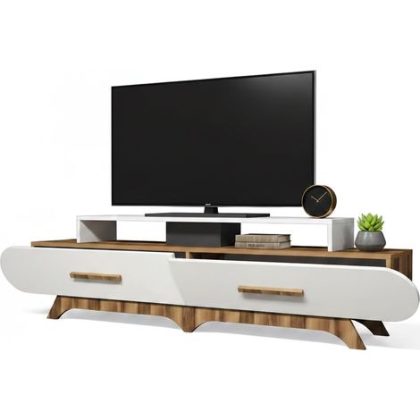 Dmora - Mobile porta TV Phec, Credenza da soggiorno, Armadio basso per TV, Base parete attrezzata, 205x37h50 cm, Noce e Bianco, con imballo rinforzato, con imballo rinforzato
