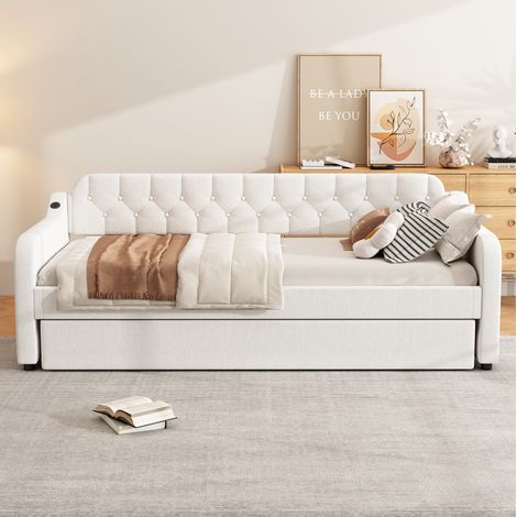 Cama diván moderna 90x200 cm de lino beige con cama nido extraíble, USB y somier de láminas (1/5)