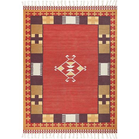 Tappeto Kilim in cotone tessuto a mano reversibile con motivo geometrico e nappe multicolore 140 x 200 cm Parakar