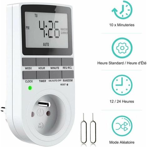 Prise Programmable - Minuterie Hebdomadaire LCD - 230V 16A 3680W - Pour Électroménagers et Éclairage - 1 Unité