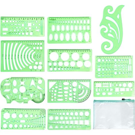 11 gabarits de dessin géométrique, règles de mesure en plastique, pochoirs géométriques avec sac de rangement pour le bureau et l'école
