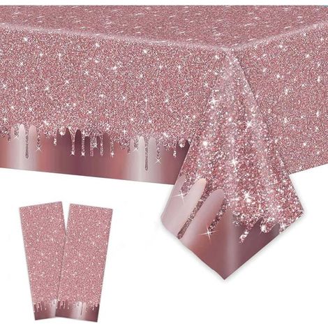 Rechteckige Tischdecke mit rosa Glitzer, 274 x 137 cm, wasserabweisend und fleckunempfindlich – feminine Dekoration mit Goldblattmus