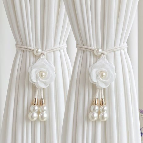 2 pièces Liens de Rideau en Fausses Roses : Cordon de Rideau Vintage Romantique pour Saint-Valentin, Design Floral Réaliste, Sans Perçage, Décoration de Chambre et Salon (blanc) (1/5)