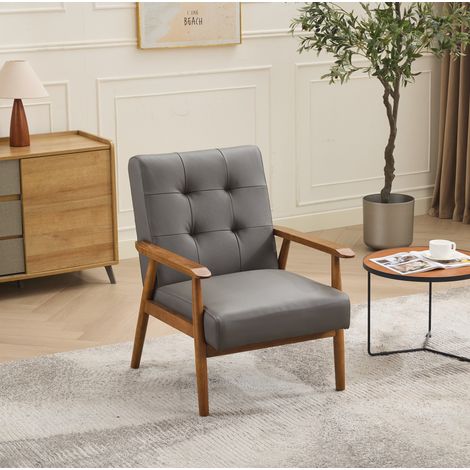 Poltrona lounge in pelle grigia con braccioli in legno, cuciture pull-point e gambe in legno (1/5)