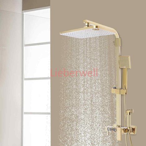 Ensemble de douche mural doré, robinetterie de douche avec interface G1/2, hauteur réglable 80-120 cm, kit de douche mural haute pression (1/5)