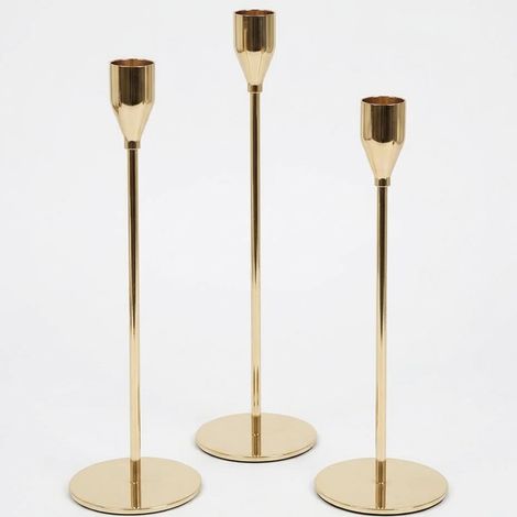 Set 3 Candelabri Portacandele Oro Lucido in Metallo H 25 29 33 cm, Portacandele a Stelo Singolo per Candele Coniche, Base Circolare Antiscivolo Stabile per Tavola,Natale,Matrimoni, Eventi,casa idee re (1/5)