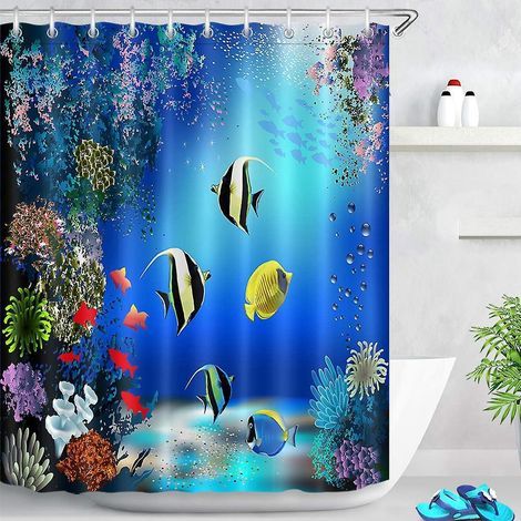 (150x180 Cm) Rideau De Douche Tropical Impermable Et Rsistant La Moisissure Bleu Ocan Color Corail Enfants Rideau De Douche Avec Crochets, Dcor D (1/5)