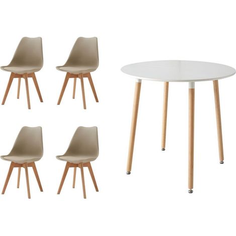 Runder Esstisch mit 4 Stühlen, skandinavischer Stil, Buche, Beige/Weiß (1/5)
