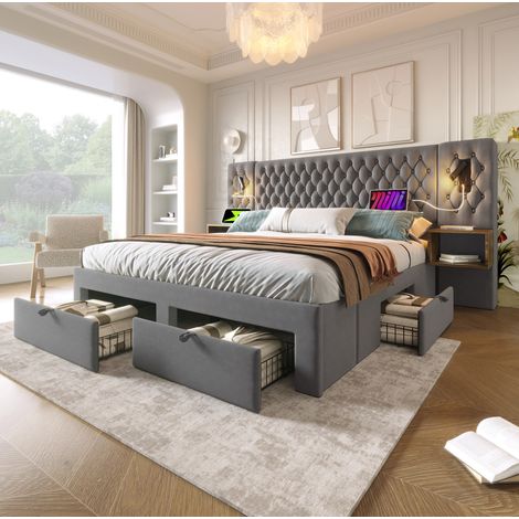 lit avec tiroirs 160x200, velours gris, USB HAVRYA (1/5)