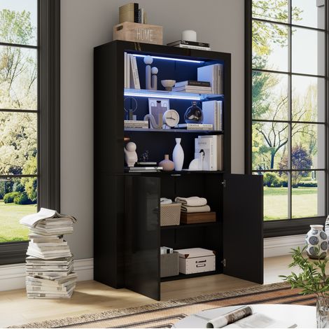 REDOM - Vitrine 100x35x170cm Moderne haute brillance MDF et verre LED intégrée Noir (1/5)