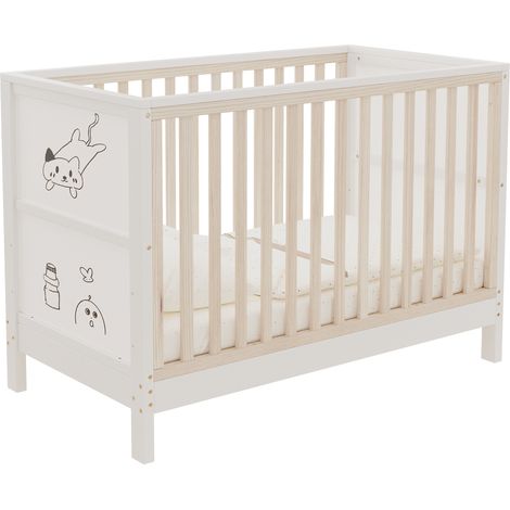Lit bébé évolutif avec tableaux à dessiner, réglable sur 3 hauteurs, transformable en lit d'appoint ou canapé enfant, blanc et bois clair  CHICFURN (1/5)