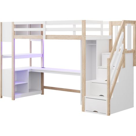 Lit mezzanine en bois 90 × 200 cm, armoire individuelle, grand bureau, armoire de rangement compartiment de rangement de chevet, escalier avec rangement, équipé de prises européennes et de bandes lumi