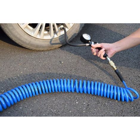 Tuyau d'air comprimé en polyuréthane à ressort, avec limiteur de courbure, raccord rapide industriel 6,35 mm (1/4") et bouchon, (1/4)