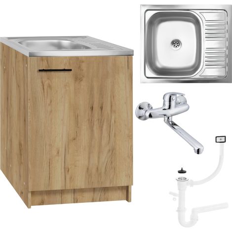 Meuble de cuisine en chêne doré - 60 x 50 cm - Évier Deante - siphon - robinet mural (1/5)