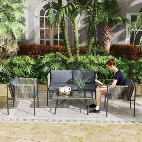 Salon de jardin 4 pièces, Salon de jardin repas，1 canapé+2 fauteuils+1 table avec plateau en verre, coussins, structure en acier, rotin plastique, gris