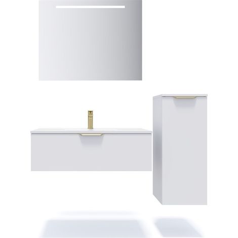 Meuble de salle de bain suspendu vasque intégrée 90cm 1 tiroir Blanc + miroir + colonne ouverture droite - Venice (1/5)