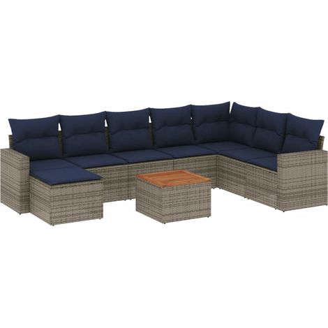 Conjunto de sofá de jardín de 9 piezas con cojines, poliratán gris vidaXL (1/5)